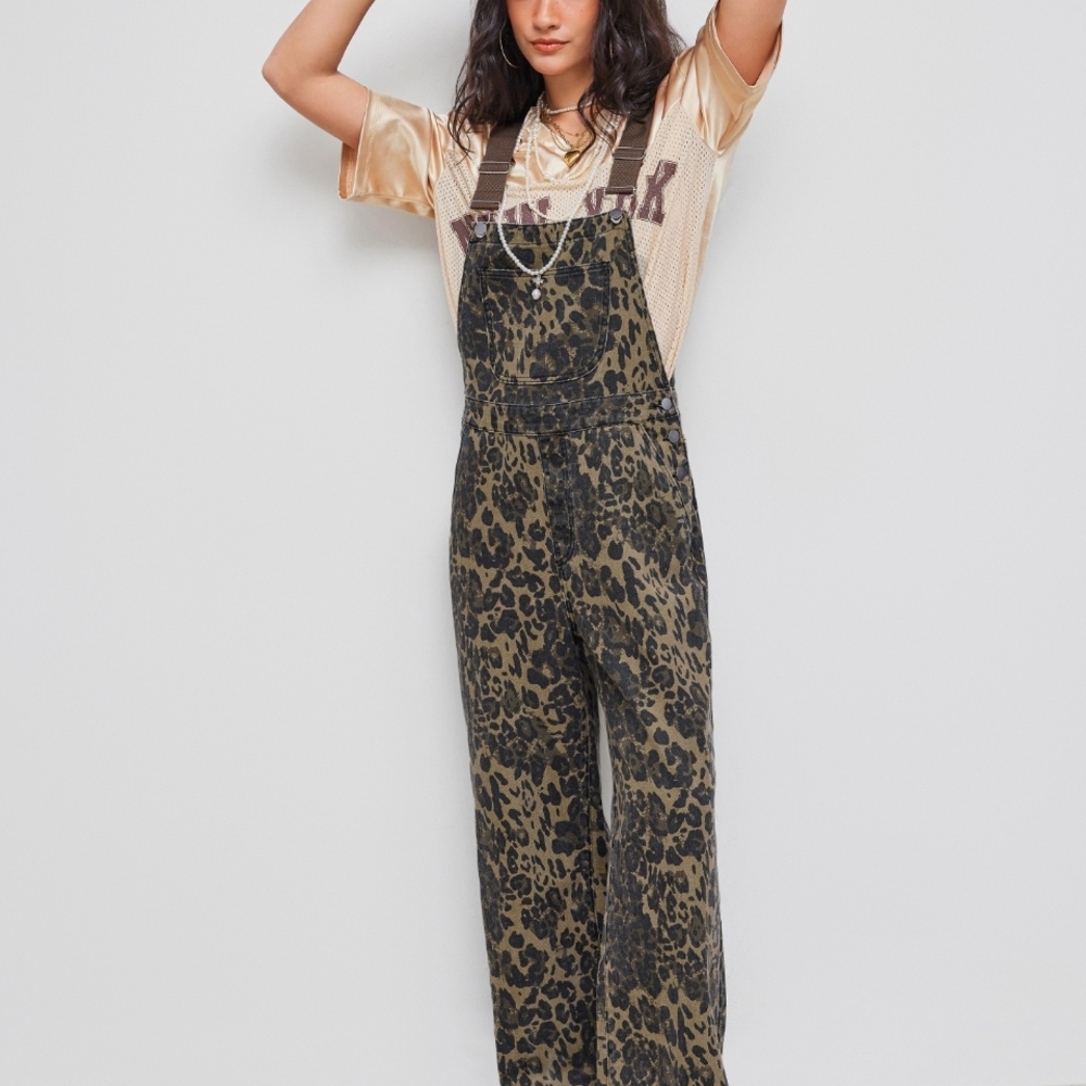 Cider Leopard Print / Cheetah Print Denim Overalls Black & Brown